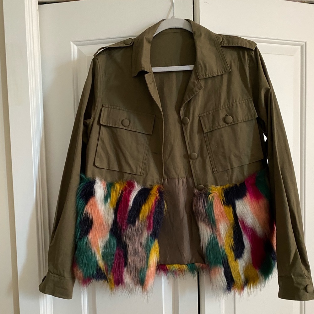 Utility jacket with bright, faux fur bottom